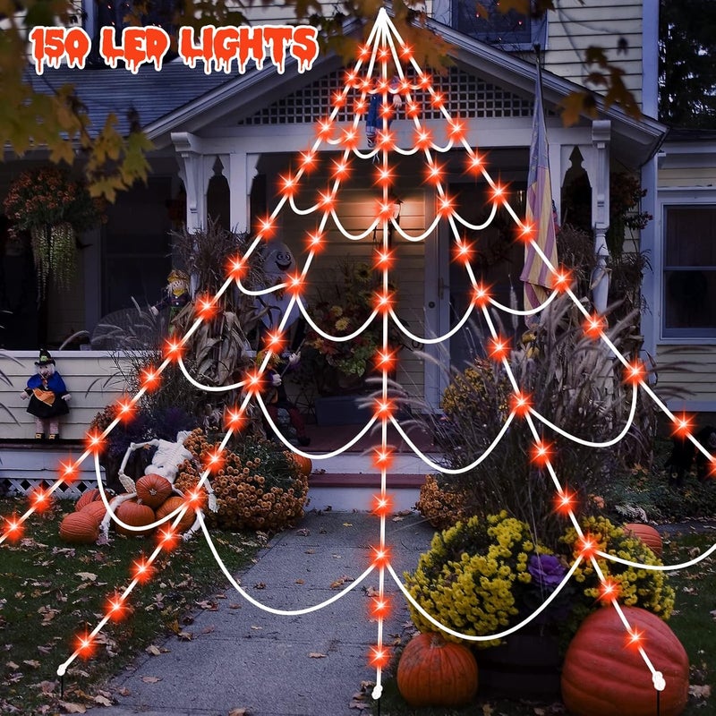 Zivilic Halloween Spider Web Lights 150 LED Lighted Spider Web Giant 16.4 Ft Halloween Decorations Light up with 8 Lighting Modes Waterproof & Timer for Outdoor Indoor Yard Haunted House Decor (Orange) - Image 2